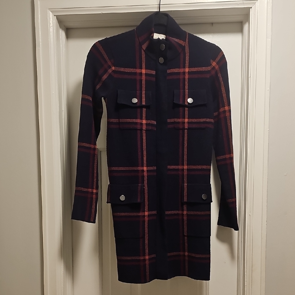 Max Studio Navy Plaid Sweater Jacket